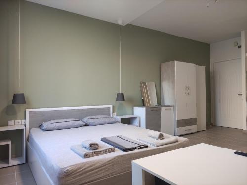 1 dormitorio con 1 cama grande y toallas. en Kilkis Central Studio en Kilkís