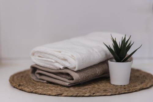 een stapel handdoeken en een potplant op een bord bij Quality Suite with Sauna - 2 Bedrooms - BRAND NEW 2022 in Rovaniemi