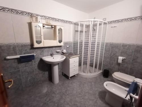 ein Bad mit einem Waschbecken, einer Dusche und einem WC in der Unterkunft Fontana Nuova in Sardara