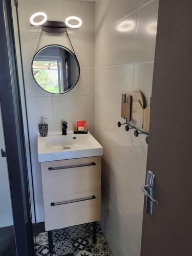 une petite salle de bain avec un lavabo et un miroir dans l'établissement MINI VILLA A 5MIN À PIEDS DE LA PLAGE SANTA GIULIA, à Porto-Vecchio