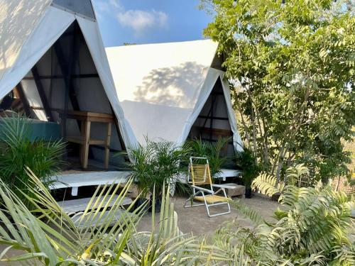 ein Zimmer mit einem Zelt inmitten von Bäumen in der Unterkunft Glamping Tepeyollotl in Troncones