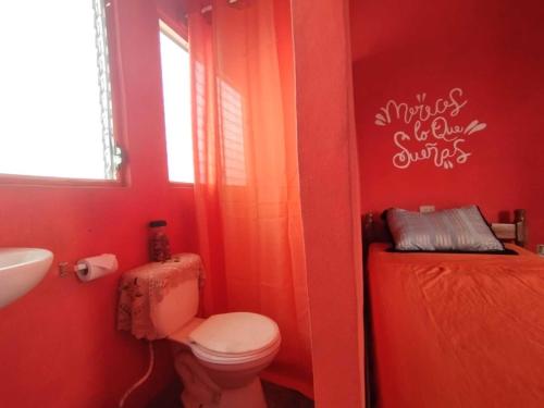 a red bathroom with a toilet and a sink at Cafetín-Hostal Rincón NICA in Granada