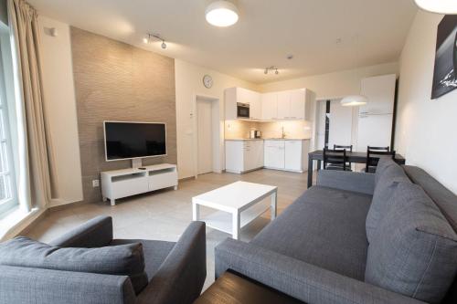 a living room with a couch and a tv and a kitchen at Apartmány pod Zakletým - Hotel Říčky in Říčky