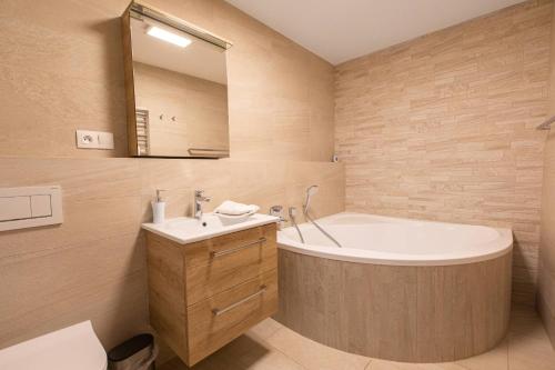 uma casa de banho com uma banheira, um lavatório e um espelho. em Apartmány pod Zakletým - Hotel Říčky em Říčky
