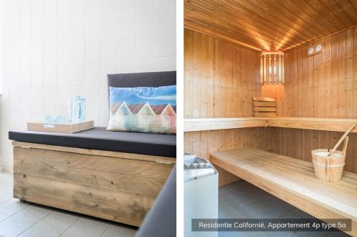 a sauna with a bench and a towel at Residentie Californië in De Koog