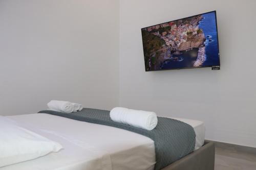 拿坡里的住宿－Barbaro Apartment Centro di Napoli，卧室配有一张壁挂式平面电视的床。