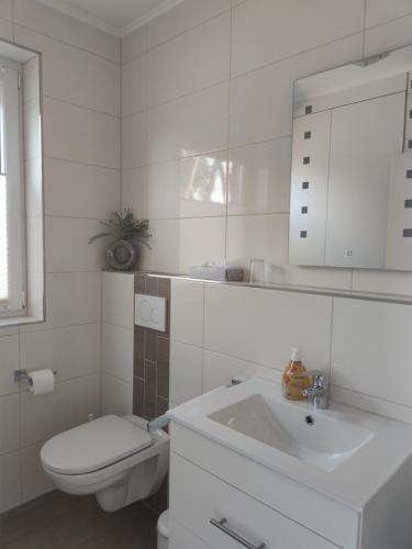 a white bathroom with a toilet and a sink at LandBrise in Petersfeld