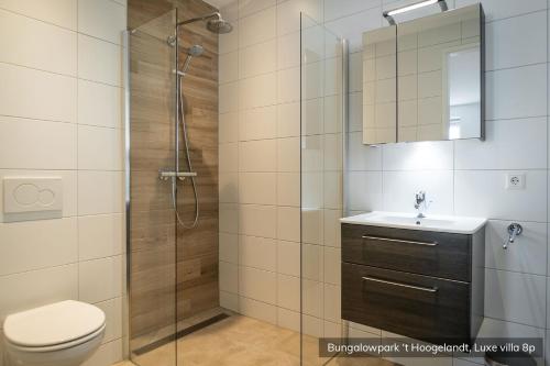 a bathroom with a shower and a toilet and a sink at Bungalowpark 't Hoogelandt in De Koog