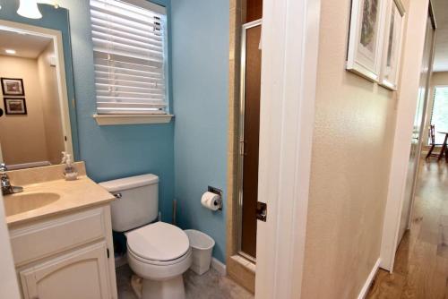 a bathroom with a white toilet and a sink at Comal River Bliss in New Braunfels