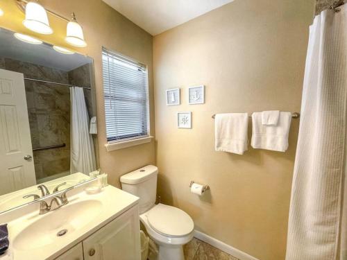 een badkamer met een toilet, een wastafel en een spiegel bij Comal River Condo 375 in New Braunfels