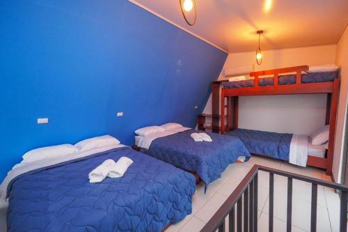 Duas camas num quarto com paredes azuis em Hotel Sirius Costa Rica em San Mateo