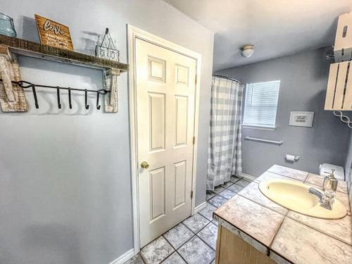 ein Badezimmer mit einem Waschbecken und einer weißen Tür in der Unterkunft The FARM House in New Braunfels