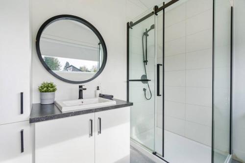 uma casa de banho com um lavatório e um espelho em Initial / Fika +spa / MSA em Saint-Férréol-les-Neiges