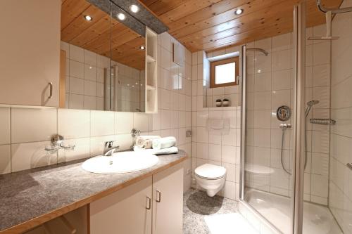 ein Bad mit einem Waschbecken, einer Dusche und einem WC in der Unterkunft Ferienwohnungen Lingg in Schoppernau