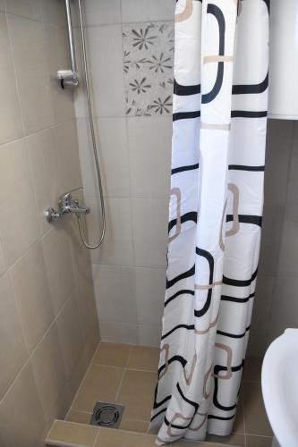 a shower curtain in a bathroom with a sink at Brvnara Brkovic 2 in Čajetina