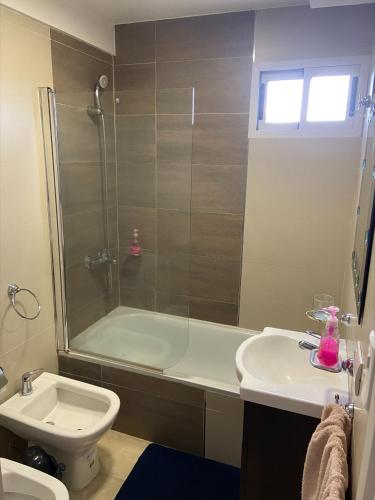 a bathroom with a shower and a toilet and a sink at Depto en Monte Grande a 15 minutos del Aeropuerto 2 Zona Residencial in Monte Grande