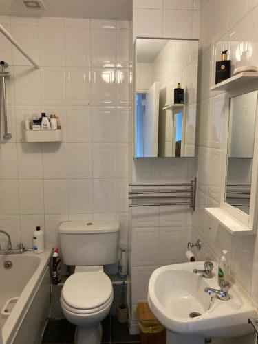 Baño blanco con aseo y lavamanos en Stay cosy Apartment in Dublin City Centre, en Dublín