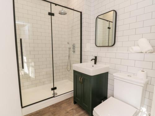 a bathroom with a shower and a sink and a toilet at Saltern Suite in Saltburn-by-the-Sea