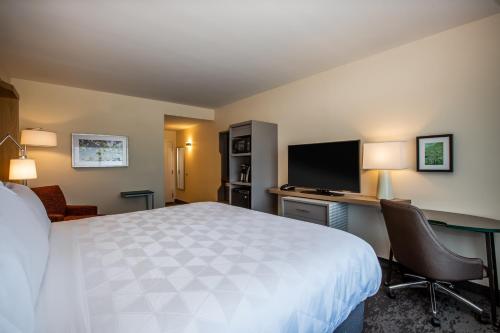 a hotel room with a bed and a desk and a tv at Holiday Inn - Gulfport-Airport by IHG in Gulfport