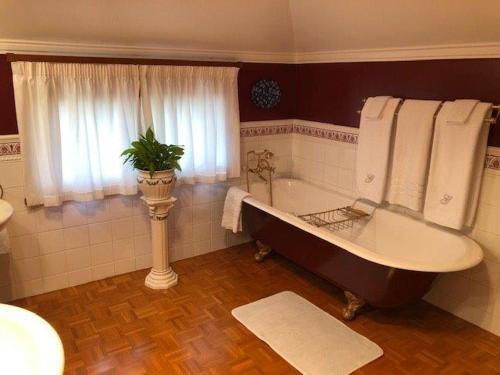 uma casa de banho com uma grande banheira e uma janela em Grand On Victoria em Hawera