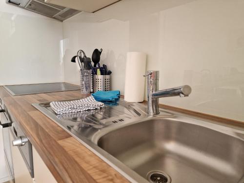 um balcão de cozinha com um lavatório na cozinha em Bastis Family Apartment em Lucerna
