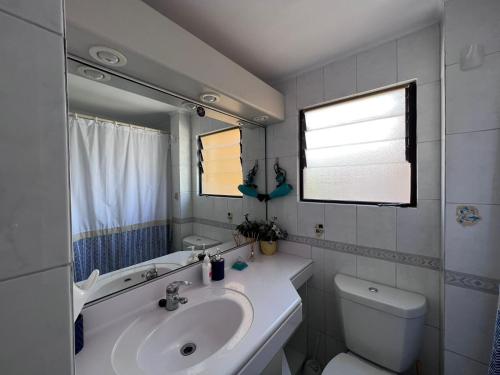 W łazience znajduje się umywalka, toaleta i lustro. w obiekcie Genial Casa en Bahía Inglesa w mieście Bahia Inglesa