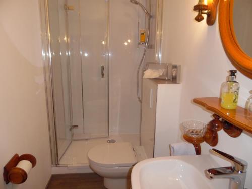 y baño con ducha, aseo y lavamanos. en Hotel zum alten Torfkahn en Osterholz-Scharmbeck