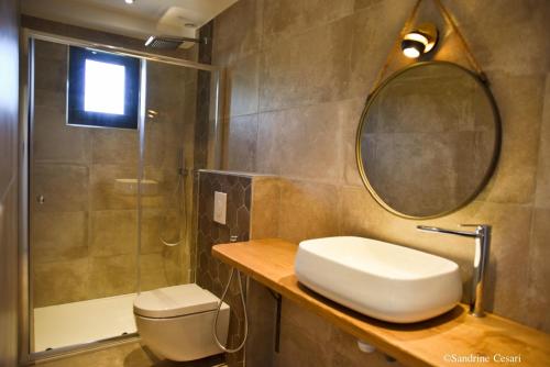 La salle de bains est pourvue d'un lavabo, d'un miroir et de toilettes. dans l'établissement Casa di Neshama Ghjiseppu, à Saint-Florent