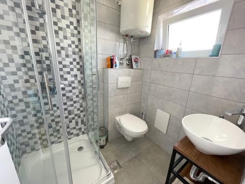 a bathroom with a shower and a toilet and a sink at Apartmani Tanja in Dramalj