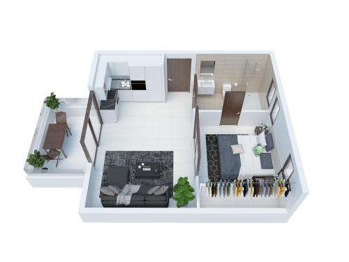 un plano del suelo de una casa en 1-Bedroom in Forest Island & Oceanside View, en Salalah