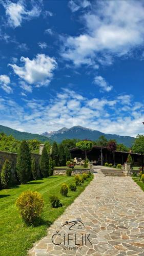 a stone walkway in a garden with mountains in the background at Ciflik Winery in Bitola
