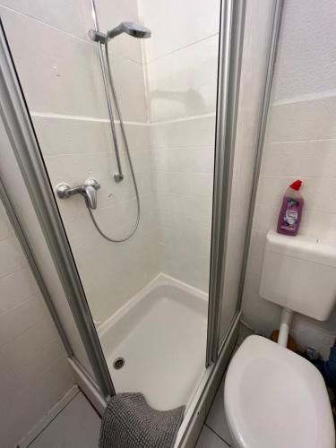 ein Bad mit einer Dusche und einem WC in der Unterkunft Möblierte 1-Zimmer Wohnung im Zentrum Ottersbergs für Monteure und geschäftlich Reisende in Ottersberg