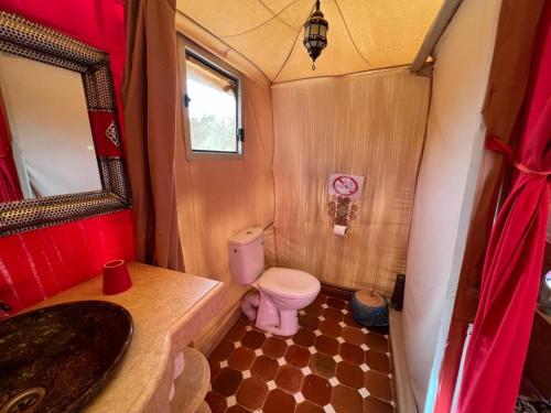 Sahara Luxury Tented Camp في مرزوقة: حمام صغير مع مرحاض ومغسلة