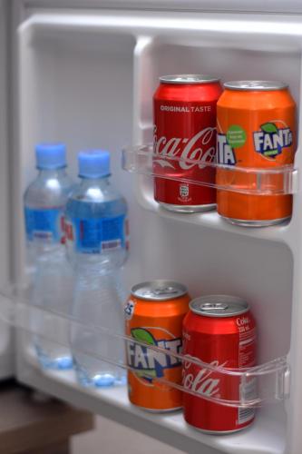 an open refrigerator with cans of soda and drinks at Ciflik Winery in Bitola