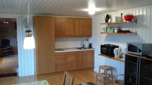 cocina con armarios de madera y microondas en Fjättramåla Apartment, en Fagereke