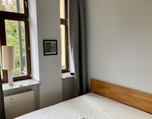 Traumhafte Wohnung im Herzen von Leipzig في لايبزيغ: غرفة نوم بسرير ونوافذ