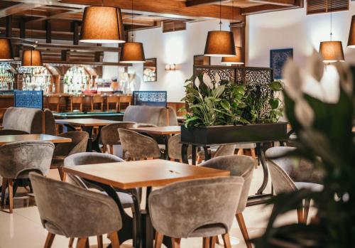 a restaurant with tables and chairs and potted plants at Apartamenty Gala in Sułkowice