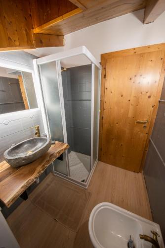 a bathroom with a sink and a shower at appartamento val di sole in Dimaro