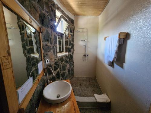 a bathroom with a toilet and a stone wall at Sora Lodge Lalibela in Lalībela