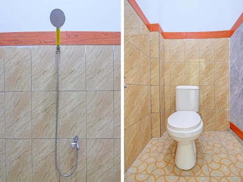 two pictures of a bathroom with a toilet and a shower at Capital O 91690 Moza Guest House in Klaten