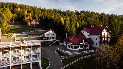 an aerial view of a town with houses and trees at Wellland Hotel in Yaremche