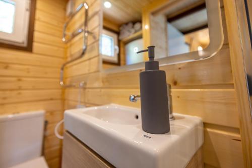 een badkamer met een zeepdispenser bovenop een wastafel bij Tiny Haus - Im Herzen vom Unterallgäu in Erkheim