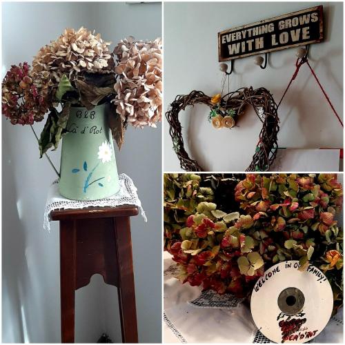 a collage of pictures with a vase with flowers and areath at Cà D' Rot - Casa Ratti in Vinchio