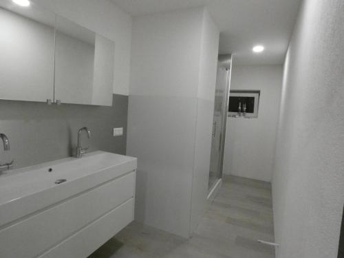 a white bathroom with a sink and a shower at Haus Tilia Karinthië Appartementen in Nötsch