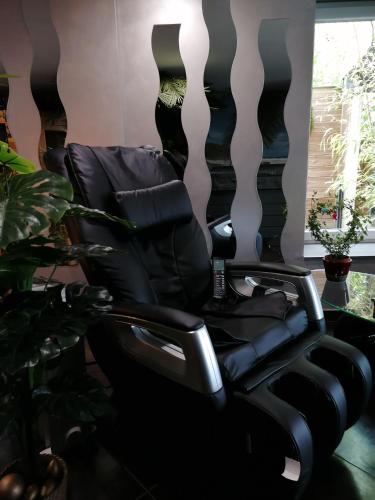 a black reclining chair in a room with a plant at Au clair de lune in Chavelot