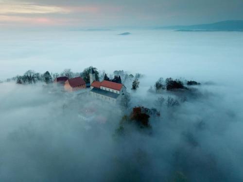 a house in the middle of a field engulfed in fog at Ferienwohnung Anita in Jandelsbrunn