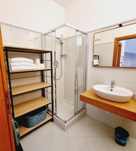 une salle de bain avec douche et lavabo dans l'établissement ALPES IV - Hyper Centre - Parking - 40m², à Chamonix-Mont-Blanc