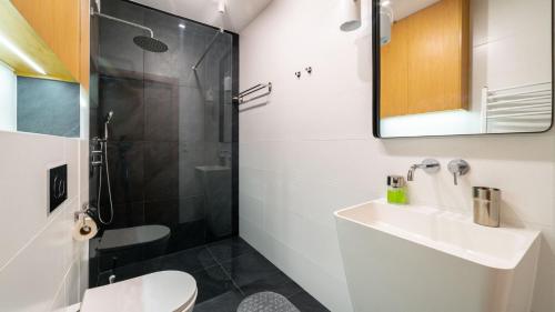 a bathroom with a shower and a sink and a toilet at La Siesta Triventi Mountain Residence in Karpacz