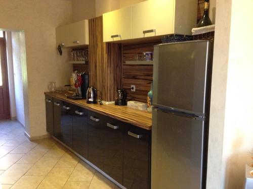 eine Küche mit einem Kühlschrank aus Edelstahl und einer Theke in der Unterkunft The Lake Villa in Smoljan