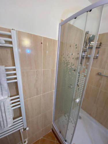 a shower with a glass door in a bathroom at Central Park Studio in Piatra Neamţ